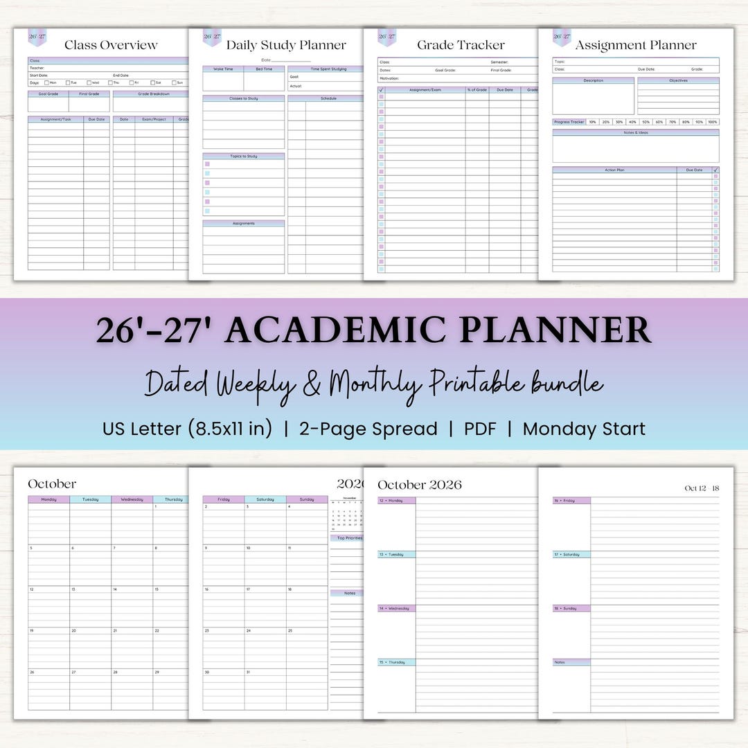 2026-2027 Academic Planner Printable | Dated 2-page Weekly & Monthly