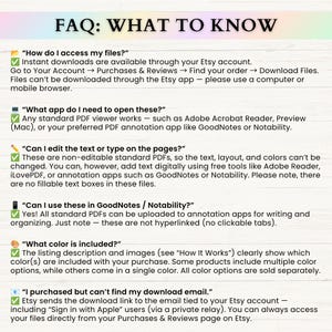 May include: An informational FAQ graphic titled FAQ: WHAT TO KNOW with black text on a light background. It lists six questions regarding digital file access, PDF viewers, text editing, app compatibility, color options, and download email troubleshooting.