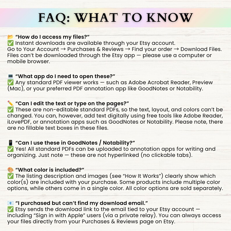 May include: An informational FAQ graphic titled FAQ: WHAT TO KNOW with black text on a light background. It lists six questions regarding digital file access, PDF viewers, text editing, app compatibility, color options, and download email troubleshooting.