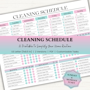 May include: A printable cleaning schedule document featuring a weekly planner with daily tasks from Monday to Sunday, plus sections for quarterly, semi-annual, and annual chores. The layout includes text, checkboxes, and a US Letter 11x8.5 inch label.