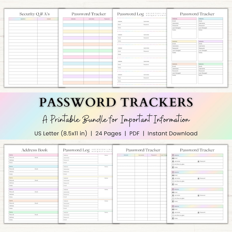 May include: A printable password tracker bundle featuring eight distinct page layouts with pastel-colored headers and grid lines. The text includes "PASSWORD TRACKERS," "A Printable Bundle for Important Information," and "US Letter (8.5x11 in) | 24 Pages | PDF | Instant Download."
