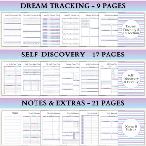 Puede incluir: Un conjunto de planificadores digitales con tres secciones: Dream Tracking con 9 p&aacute;ginas, Self-Discovery con 17 p&aacute;ginas y Notes & Extras con 21 p&aacute;ginas. Cada secci&oacute;n incluye varias plantillas con portadas de rayas moradas y azules y texto.