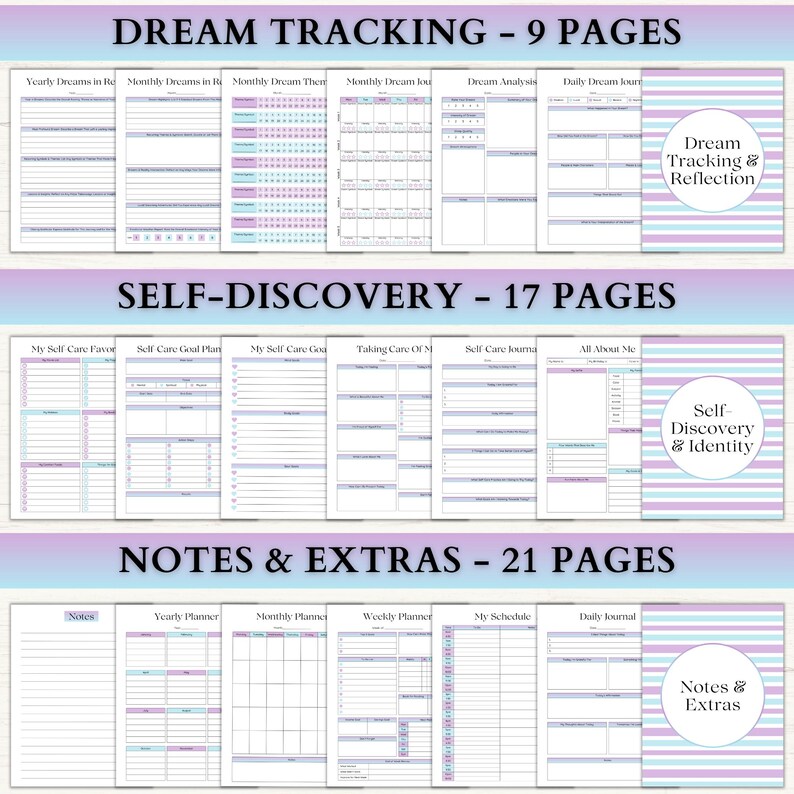 Puede incluir: Un conjunto de planificadores digitales con tres secciones: Dream Tracking con 9 p&aacute;ginas, Self-Discovery con 17 p&aacute;ginas y Notes & Extras con 21 p&aacute;ginas. Cada secci&oacute;n incluye varias plantillas con portadas de rayas moradas y azules y texto.