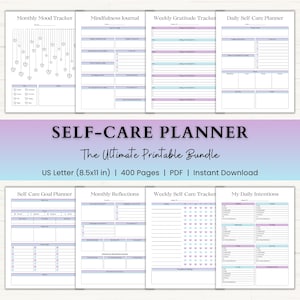 Puede incluir: Un paquete de planificadores de cuidado personal digital que incluye ocho p&aacute;ginas imprimibles con encabezados como Monthly Mood Tracker, Mindfulness Journal, Weekly Gratitude Tracker, Daily Self-Care Planner, Self Care Goal Planner, Monthly Reflections, Weekly Self Care Tracker y My Daily Intentions, en formato de 21,59x27,94 cm.