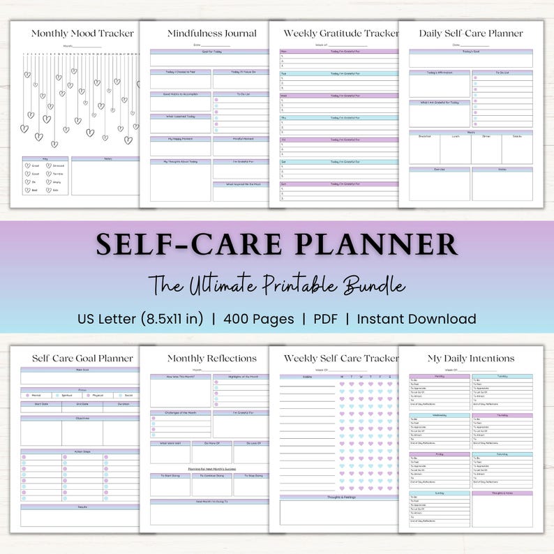 Puede incluir: Un paquete de planificadores de cuidado personal digital que incluye ocho p&aacute;ginas imprimibles con encabezados como Monthly Mood Tracker, Mindfulness Journal, Weekly Gratitude Tracker, Daily Self-Care Planner, Self Care Goal Planner, Monthly Reflections, Weekly Self Care Tracker y My Daily Intentions, en formato de 21,59x27,94 cm.