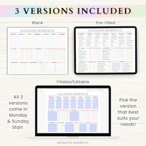 May include: Three versions of a printable cleaning schedule, including a blank version, a pre-filled version, and a fillable/editable version. The schedule is organized by day of the week, with sections for daily, weekly, monthly, quarterly, semi-annual, and annual tasks. The schedule is designed to help people stay organized and on top of their cleaning.