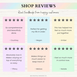 May include: Image of customer reviews on pastel-colored sticky notes with star ratings. The text reads "Shop Reviews" and "Real feedback from happy customers." Each note includes a customer quote and name. The bottom of the image has the text "KH DIGITAL DESIGNS CO."