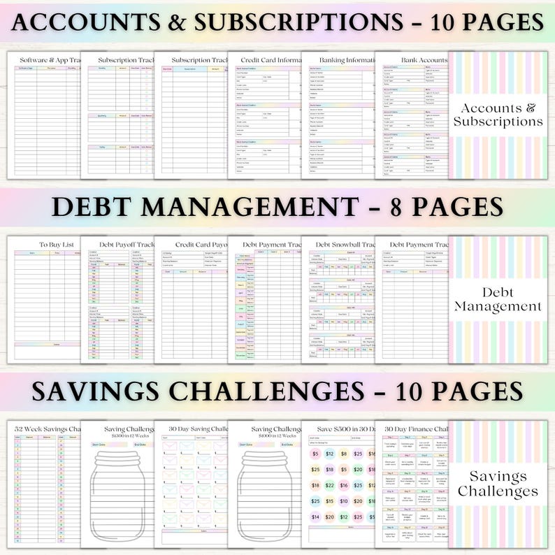 May include: A planner with sections for accounts, subscriptions, debt management, and savings challenges. The planner includes pages for tracking expenses, debts, and savings goals. The text on the planner reads "Accounts & Subscriptions - 10 Pages", "Debt Management - 8 Pages", and "Savings Challenges - 10 Pages".