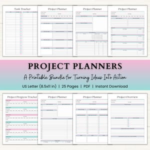 May include: A digital printable project planner bundle featuring various templates including a task tracker, project planner, progress tracker, and project overview. The pages contain organised sections with headers, checkboxes, and progress bars in a clean layout.