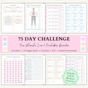 75 Day Challenge Printable Bundle: Workout Planner, ADHD Habit Tracker, Weight Loss Journal, 75 Soft + Medium Challenge (PDF) – 6 Colors