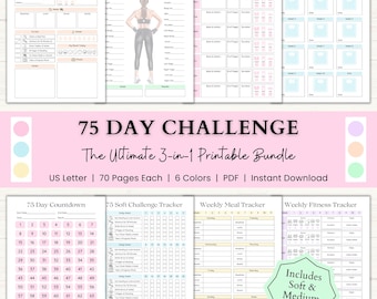 75 Day Challenge Printable Bundle: Workout Planner, ADHD Habit Tracker, Weight Loss Journal, 75 Soft + Medium Challenge (PDF) – 6 Colors