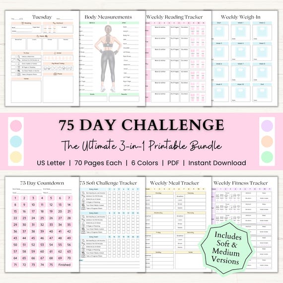 75 Day Challenge Printable Bundle: Workout Planner, ADHD Habit Tracker, Weight Loss Journal, 75 Soft + Medium Challenge (PDF) – 6 Colors