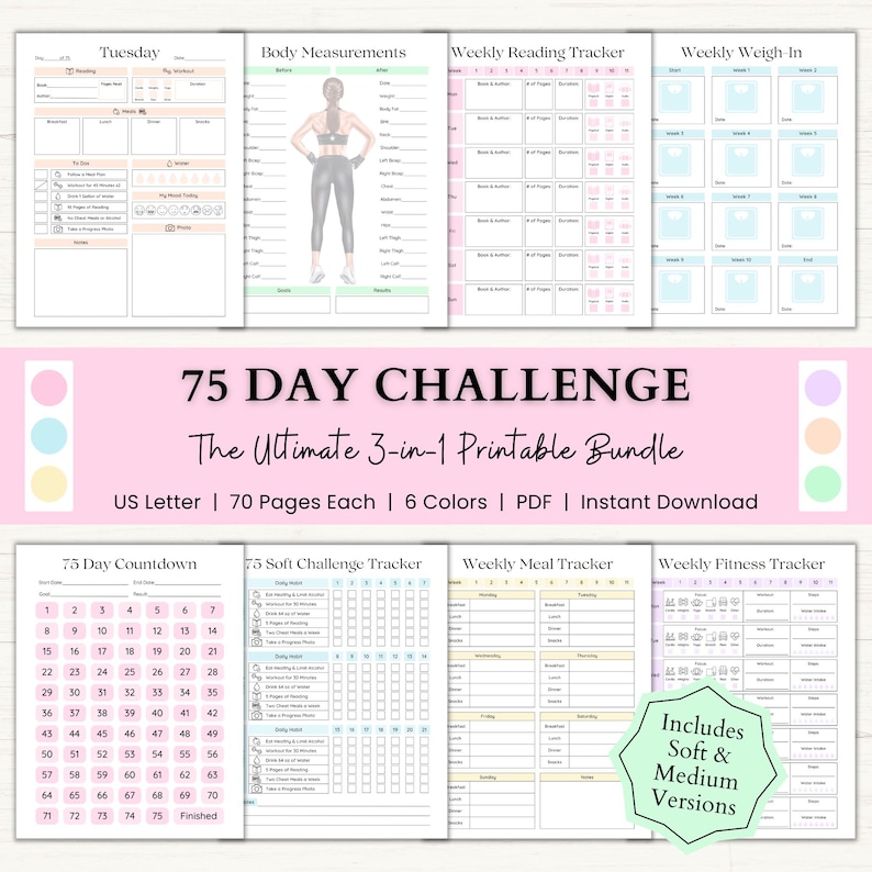 75 Day Challenge Printable Bundle: Workout Planner, ADHD Habit Tracker, Weight Loss Journal, 75 Soft + Medium Challenge (PDF) – 6 Colors image 1