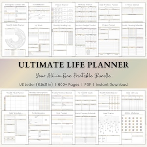 May include: A digital printable planner bundle titled Ultimate Life Planner, Your All-in-One Printable Bundle, US Letter 21.59x27.94 cm, 600+ Pages, PDF, Instant Download. Includes templates for emergency contacts, travel, fitness, habits, and schedules.