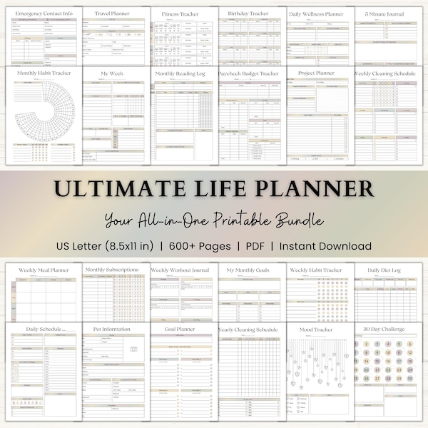 Ultimate Life Planner Printable Bundle | ADHD Monthly Productivity Planner | Weekly Wellness Journal & Daily Mom Planner | PDF | Boho