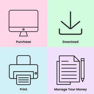 May include: Four-panel graphic with icons and text. Top left: computer monitor with "Purchase". Top right: download icon with "Download". Bottom left: printer with "Print". Bottom right: document and pencil with "Manage Your Money".