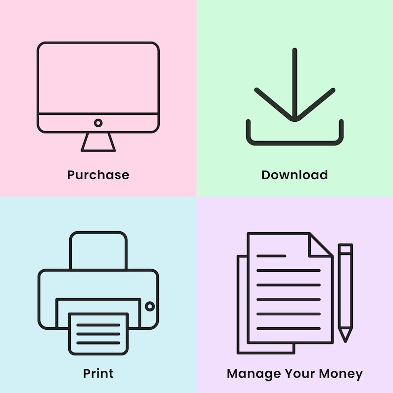 May include: Four-panel graphic with icons and text. Top left: computer monitor with "Purchase". Top right: download icon with "Download". Bottom left: printer with "Print". Bottom right: document and pencil with "Manage Your Money".