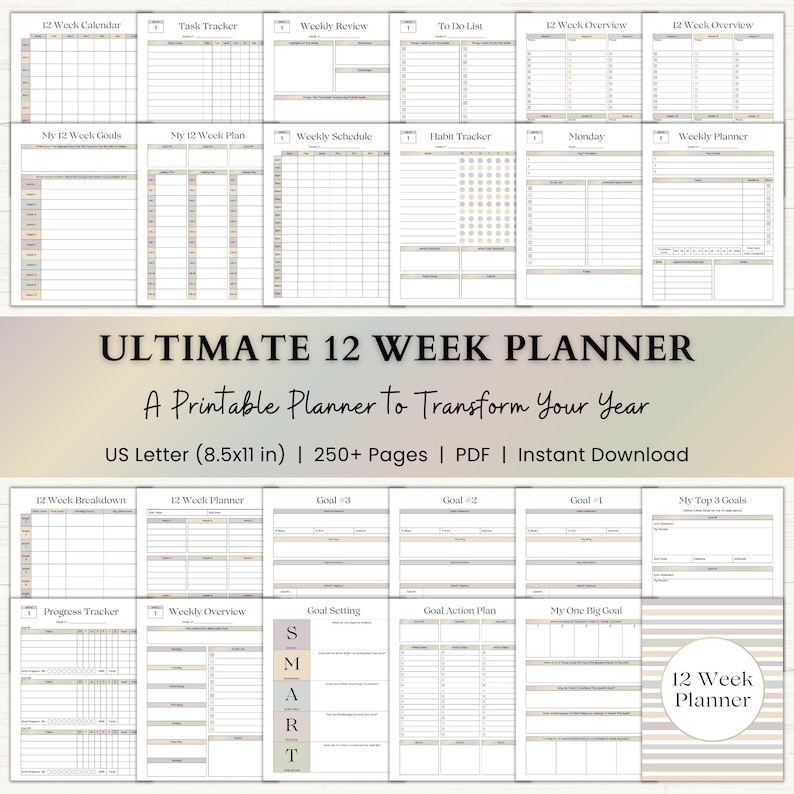 12 Week Planner Printable: Goal-Focused Planning System for Weekly Routines & Daily Progress (PDF) – Boho imagen 1