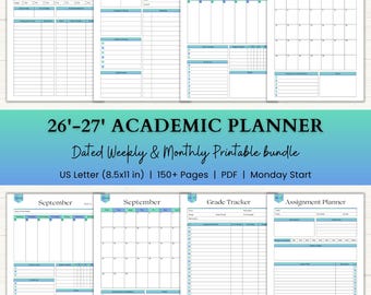 2026-2027 Academic Planner Printable | Dated Weekly Planner for Teachers | Monthly Planner, School Year Organizer | PDF | Blue Green