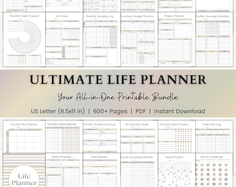 Ultimate Life Planner Printable Bundle | Adhd Productivity Planner | Habit Tracker | Mood Journal | Home Binder | Self Care | Fitness | Boho