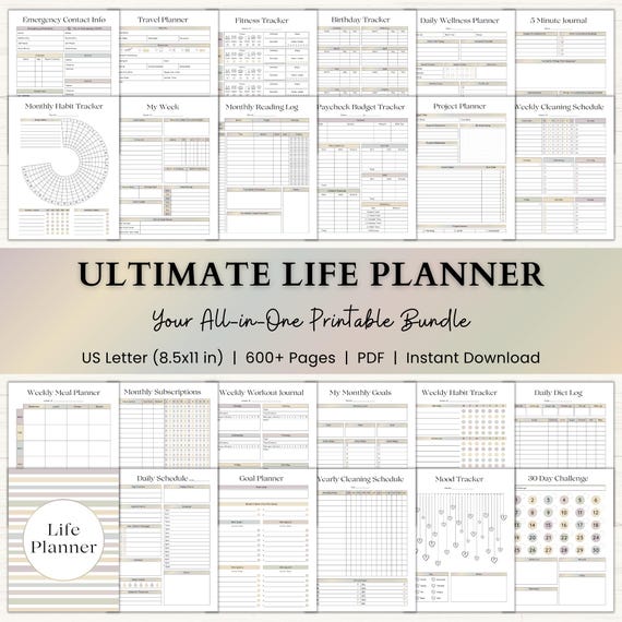 Ultimate Life Planner Printable Bundle | Adhd Productivity Planner | Habit Tracker | Mood Journal | Home Binder | Self Care | Fitness | Boho