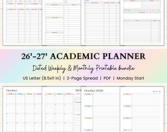 Puede incluir: Conjunto de planificadores académicos imprimibles con varios diseños, incluyendo páginas de resumen de clase, estudio diario, seguimiento de calificaciones y planificador de tareas. El paquete incluye calendarios semanales y mensuales fechados.