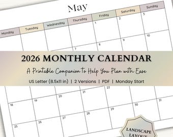 2026 Monthly Calendar Printable: Minimalist Desk & Wall Calendar (US Letter), Yearly Family Planner (Landscape PDF, Monday Start) – Boho