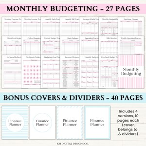 May include: A digital finance planner with 27 pages for monthly budgeting and 40 bonus covers and dividers. The planner includes various templates for tracking expenses, income, and savings. The covers are in blue and white, and the pages are in pink and white.