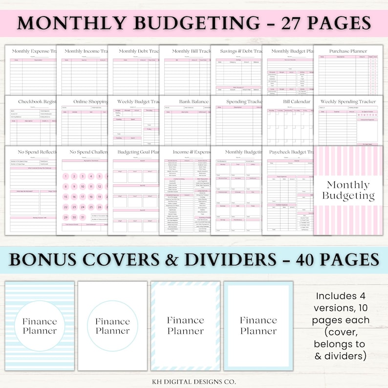 May include: A digital finance planner with 27 pages for monthly budgeting and 40 bonus covers and dividers. The planner includes various templates for tracking expenses, income, and savings. The covers are in blue and white, and the pages are in pink and white.
