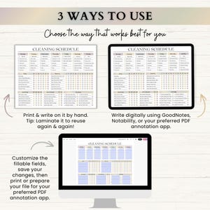 May include: A digital cleaning schedule template shown in three formats: a printed paper version, a tablet display, and a computer monitor view. The layout includes daily, weekly, monthly, quarterly, semi-annual, and annual task checklists.