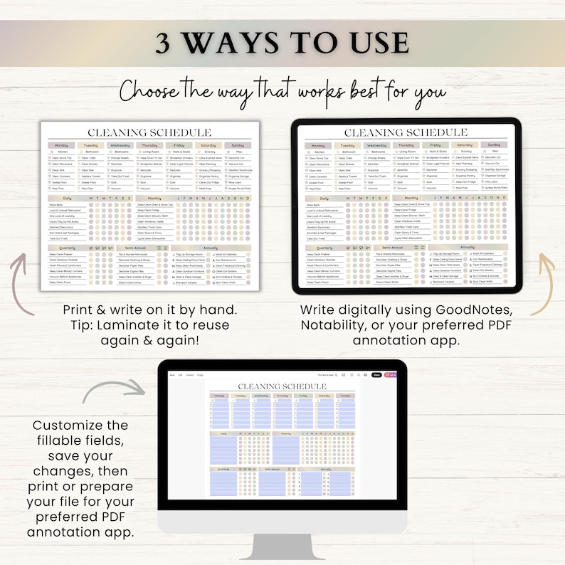 May include: A digital cleaning schedule template shown in three formats: a printed paper version, a tablet display, and a computer monitor view. The layout includes daily, weekly, monthly, quarterly, semi-annual, and annual task checklists.