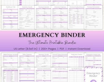 Emergency Binder Printable | End of Life Planner | Household Family Organizer Binder | Just In Case of Emergency Planner | PDF | Pink Purple
