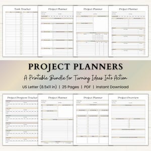 May include: A digital project planner bundle featuring multiple printable pages including a Task Tracker, Project Planner, Project Progress Tracker, and Project Overview. Each page contains structured fields for project details, goals, and action steps.