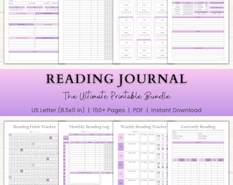 May include: A printable reading journal bundle with a purple and white design. The journal includes sections for book reviews, reading logs, and habit tracking. The text "READING JOURNAL" is prominently displayed.