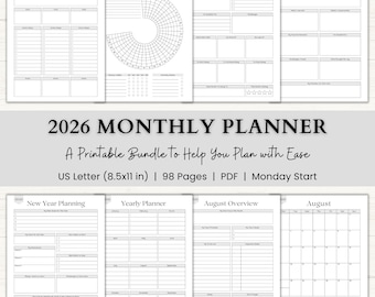 May include: A printable 2026 monthly planner bundle with pages for goals, habits, and reviews. Includes US Letter size (8.5x11 inches) pages, a yearly planner, and an August calendar. The planner has 98 pages and starts on Monday.