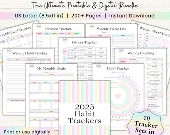 2025 Habit Tracker Bundle Printable | Adhd Mood Tracker | Reading, Workout, Sleep & Anxiety Trackers | Self Care Planner | Fitness Journal