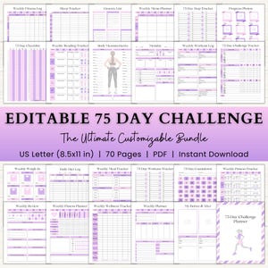 Editable 75 Day Challenge Planner | 75 Soft Challenge Printable | 75 Medium Tracker Template | Weight Loss Journal | Fitness Workout Planner