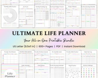Ultimate Life Planner Printable Bundle – ADHD Productivity, Habit & Self-Care Organizer | Household, Travel and Emergency Tools | Rainbow
