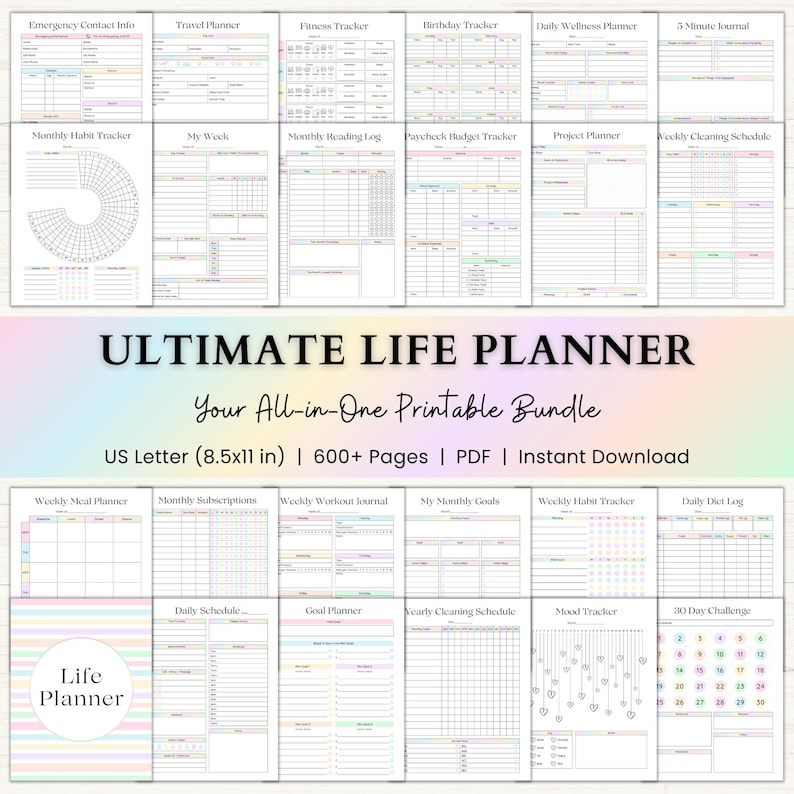 Ultimate Life Planner Printable Bundle – ADHD Productivity, Habit & Self-Care Organizer | Household, Travel and Emergency Tools | Rainbow imagem 1
