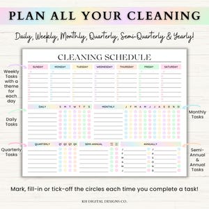 May include: A printable cleaning schedule with a pastel rainbow color scheme. The schedule includes daily, weekly, monthly, quarterly, semi-annual, and annual tasks. The schedule is designed to help you plan and track your cleaning tasks.