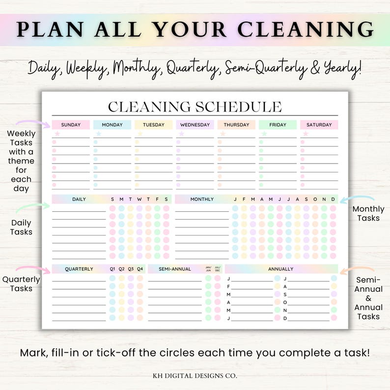 May include: A printable cleaning schedule with a pastel rainbow color scheme. The schedule includes daily, weekly, monthly, quarterly, semi-annual, and annual tasks. The schedule is designed to help you plan and track your cleaning tasks.