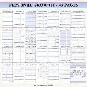 Puede incluir: Una colecci&oacute;n de 43 p&aacute;ginas de diario imprimibles tituladas Personal Growth, que incluyen varias plantillas como My Responsibility Check, Situation Reflection y Daily Reflections con acentos morados y azules y dise&ntilde;os de cuadr&iacute;cula organizados.