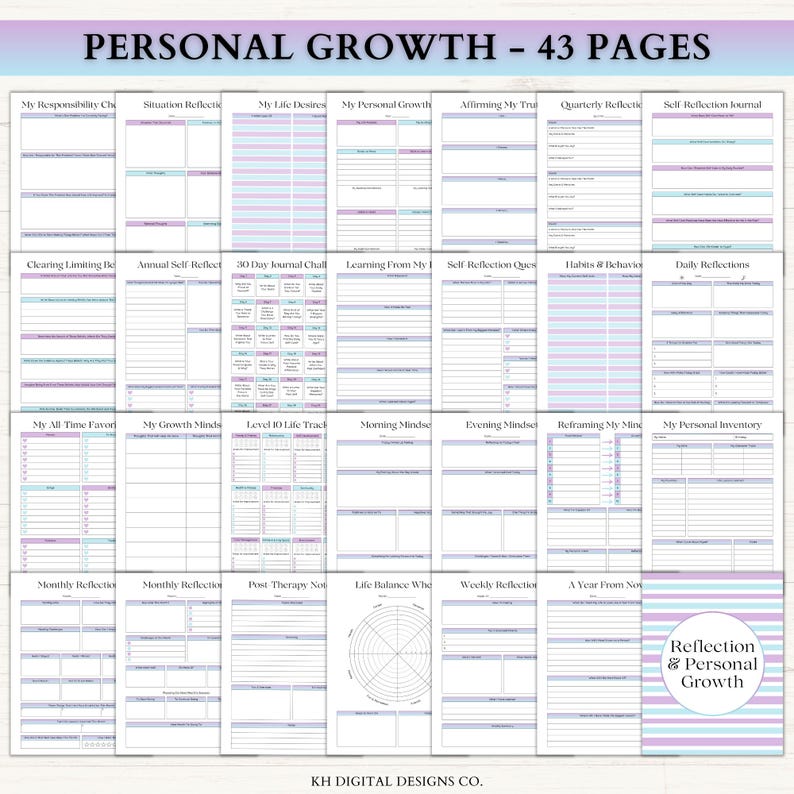 Puede incluir: Una colecci&oacute;n de 43 p&aacute;ginas de diario imprimibles tituladas Personal Growth, que incluyen varias plantillas como My Responsibility Check, Situation Reflection y Daily Reflections con acentos morados y azules y dise&ntilde;os de cuadr&iacute;cula organizados.