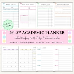 May include: A collection of printable academic planners for the 2026-2027 school year. The planners include class overviews, daily study planners, grade trackers, and assignment planners. The bundle includes 6 colors and is designed for US Letter paper.