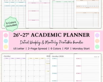 2026-2027 Academic Planner Printable | Dated 2-Page Weekly & Monthly Spread | Back to School July-June Planner | PDF | 6 Colors