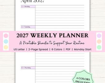 2027 Weekly Planner Printable | Monday Start, 2-Page Spread | Dated Weekly Calendar | Minimalist Planner Insert | PDF | 6 Colors