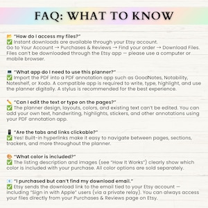 May include: An FAQ document titled WHAT TO KNOW with a light wood background. It lists six questions about digital planner access, compatible apps, editing capabilities, clickable hyperlinks, color options, and download email troubleshooting.