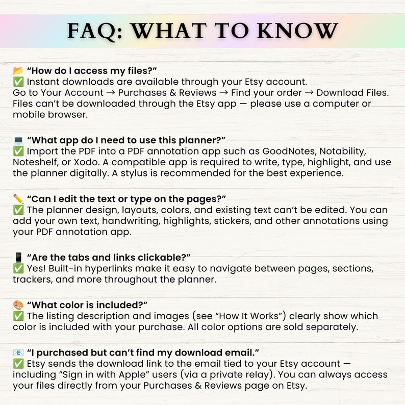 May include: An FAQ document titled WHAT TO KNOW with a light wood background. It lists six questions about digital planner access, compatible apps, editing capabilities, clickable hyperlinks, color options, and download email troubleshooting.