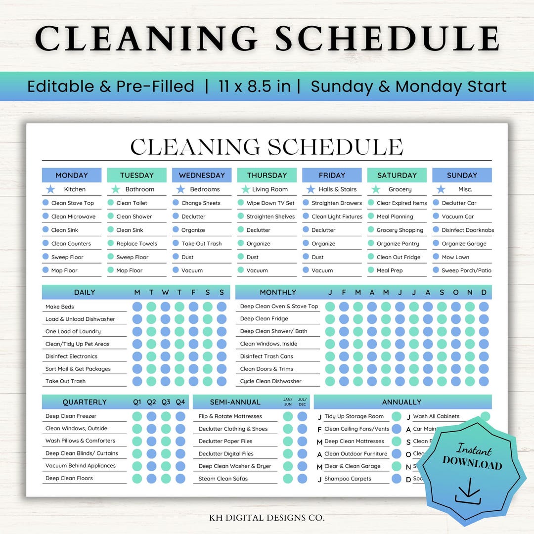 Editable Cleaning Schedule | Adult Chore Chart | Cleaning Planner ...