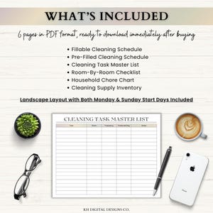 May include: A digital cleaning planner set featuring six PDF pages including a fillable schedule, pre-filled schedule, task master list, room-by-room checklist, chore chart, and supply inventory, with landscape layout and Monday or Sunday start options.